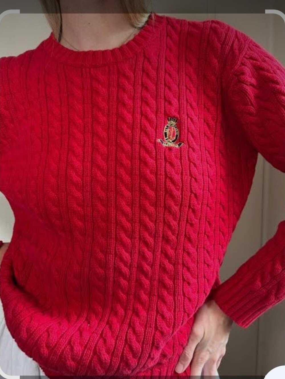 Ralph Lauren Bright Red Cable-Knit Crewneck Sweater with Crestaulph Vintage